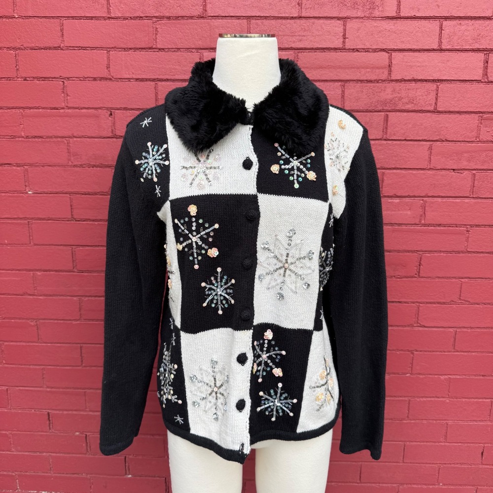 Vtg Tiara International Christmas Collection Snowflake Cardigan‎ Medium Granny